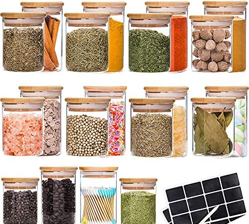 20 Pack Glass Jars with Bamboo Lids, Spice Tea Herb Storage Containers, Stackable, 2 Size (6 oz, 8 oz)