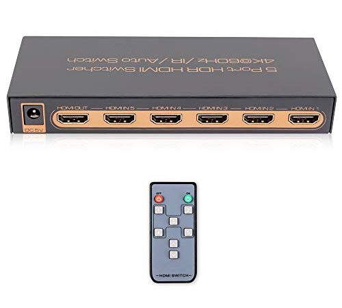 4K@60Hz Premium 5 Port HDMI Switch with Remote, 5 in 1 Out HDMI Switcher, Support UHD, HDR10, Dolby Vision, Atmos, YCbCr 4:4:4, HDCP2.2 and CEC