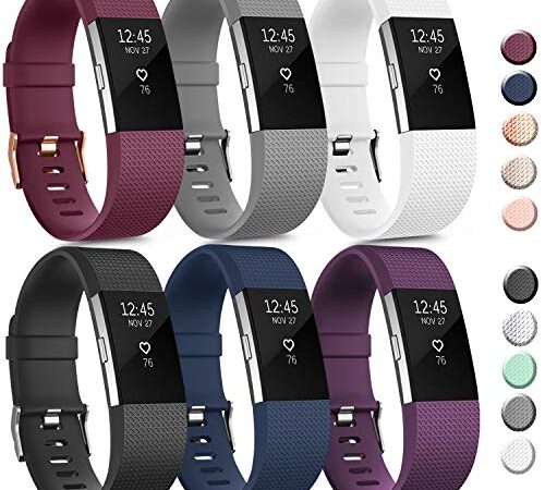 6 Pack Sport Bands Compatible with Fitbit Charge 2 Bands, Adjustable Replacement Wristbands for Women Men Small Large (Black/Blue/Purple/Gray/Wine Red/White, Small)