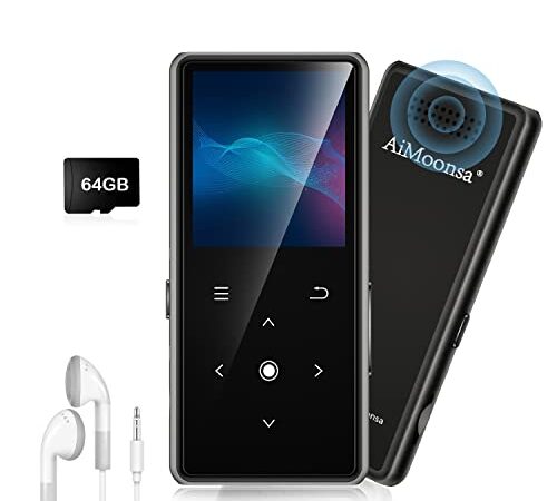 64GB MP3 Player with Bluetooth 5.2, AiMoonsa Music Player with Built-in HD Speaker, FM Radio, Voice Recorder, HiFi Sound, E-Book Function, Earphones Included