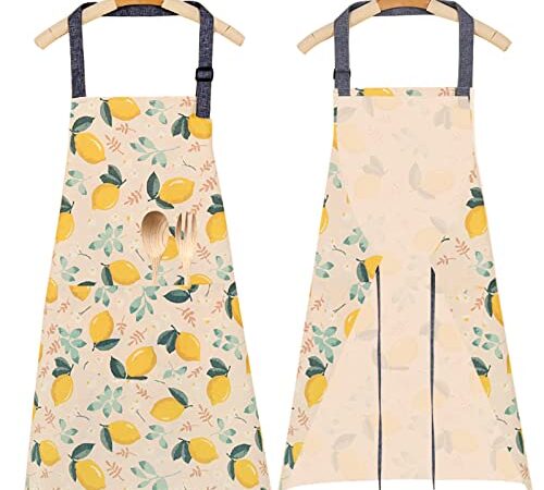 Adjustable Apron with 2 Pockets for Women Men, Canvas Chef Kitchen Aprons for Cooking Painters, Baking Gifts, Lemon Flower