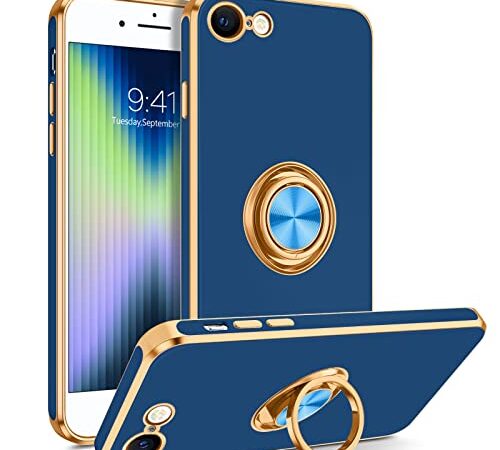 BENTOBEN iPhone SE Case 2022/2020, iPhone 8 Case, iPhone 7 Case Ring Holder Edge Plating Soft Silicone TPU Bumper Shockproof Protective Case for iPhone SE 3/ iPhone SE 2/ iPhone 7/ iPhone 8, Navy Blue