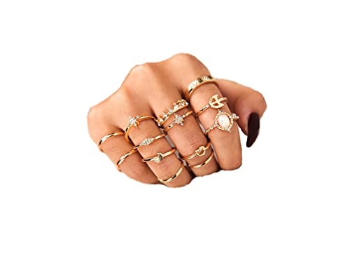 Cathercing 13 Pcs Women Rings Set Knuckle Rings Gold Bohemian Rings for Girls Vintage Gem Crystal Rings Joint Knot Ring Sets for Teens Party Daily Fesvital Jewelry Gift(style3)