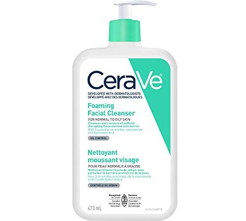 CeraVe FOAMING Face Cleanser, Gentle Face Wash with Hyaluronic Acid, Niacinamide, Ceramides. Makeup Remover for oily skin, won’t clog pores. Oil & sebum control. Non-Comedogenic, Sensitive Skin, Men & Women, 473ML