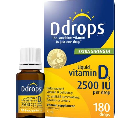 Ddrops Adults 2500IU Liquid Vitamin D3 Drops, 180 drops. Extra Strength. No Large Capsules, No Preservatives, Non-GMO, Allergy-friendly