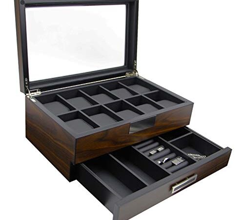 Decorebay Executive Wooden Watch Box Valet Box Sunglasses and Jewelry Box Storage Organizer - Walnut (Sweetheart)