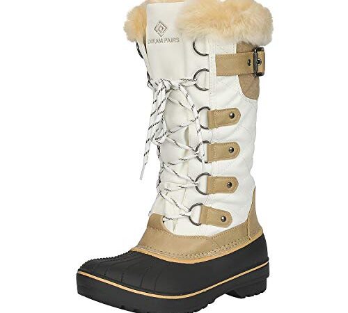 DREAM PAIRS Women's DP-Avalanche Beige White Faux Fur Lined Mid Calf Winter Snow Boots Size 9 M US