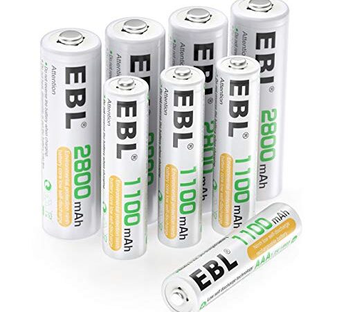 EBL AA AAA Rechargeable Batteries Set - 4 × AA 2800mAh Battery Bundle with 4 × AAA 1100mAh Rechargeable Battery, Low Self Discharge Ni-MH AA AAA Batteries Combo(Battery Cases Included)