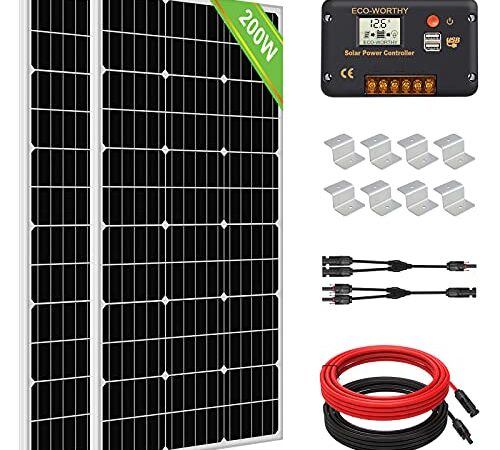 ECO-WORTHY 200W Solar Panel Kit, RV Solar Panel 200W Kit 12V/24V for RV Trailer Boat Shed Off Grid: 2pcs 100W Solar Panels w/ 30A LCD Display Solar Charge Controller