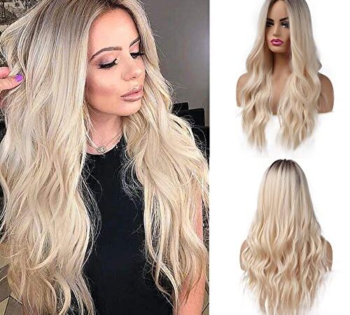 Esmee 26 Inches Long Blonde Wigs for Women Natural Synthetic Hair Ombre Blonde Wig with Dark Roots Synthetic Wig Loose Wavy Wigs Heat Resistant