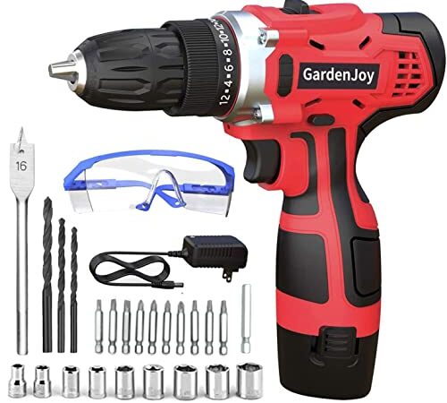 GardenJoy Cordless Power Drill Set: 12V Electric Drill with Fast Charger 3/8-Inch Keyless Chuck 2 Variable Speed 24+1 Torque Setting Power Tools Kit and 25pcs Drill/Driver Bits