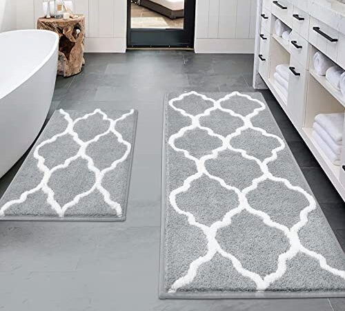 HEBE Microfiber Bath Rug Set 2 Piece Non Slip Absorbent Bath Mats Runner Set for Bathroom Shaggy Bathroom Rug Runner Machine Washable (26"x18"+48"x18", Grey)