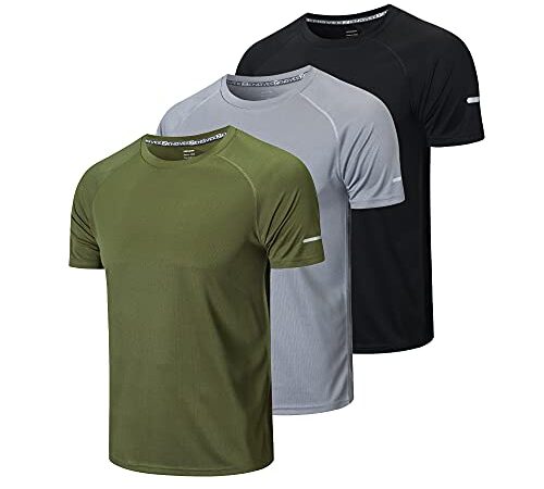 HUAKANG Men's 3 Pack Workout Shirts Quick Dry Moisture Wicking Short Sleeve Mesh Athletic T-Shirts（520-Black Grey Green -L）