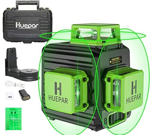 Huepar 3D Green Laser Level 3x360 Cross Line Self-Leveling Green Beam Three-Plane Leveling and Alignment Laser Tool, Li-ion Battery with Type-C Charging Port & Hard Carry Case Included (B03CG)