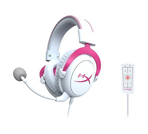 HyperX Cloud II - Gaming Headset, 7.1 Virtual Surround Sound, Memory Foam Ear Pads, Durable Aluminum Frame, Detachable Microphone, Works with PC, PS5, PS4 – White/Pink