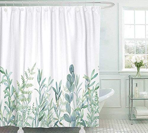 Jasion Green Eucalyptus Leaf Watercolor Floral Plant Pattern Spring Botanical Shower Curtain Set Waterproof Fabric Bathroom Curtains Home Bath Decor with 12 Hooks 72 X 72 Inches