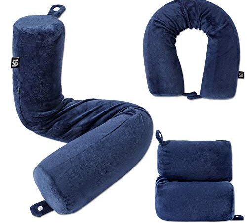 LEISIME Twist Memory Foam Travel Pillow for Neck, Chin, Lumbar and Leg Support - for Traveling on Airplane, Train, Bus or at Home - Adjustable, Bendable Roll Pillow with Washable Soft Cover (Navy)