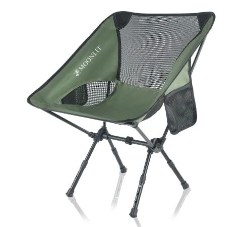 MoonLit 1Kg Ultralight Portable Camping Chair for Cozy Picnic & Hiking. Features 2 Bottle Holders, Adjustable Height, Detachable Fabric & Legs which fold into Convenient Carry Bag (Army Green)