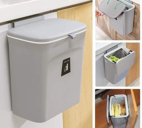 Mujingxin 2.4 Gallon Kitchen Compost Bin for Counter Top or Under Sink, Hanging Small Trash Can with Lid for Cupboard/Bathroom/Bedroom/Office/Camping, Mountable Indoor Compost Bucket, Gray