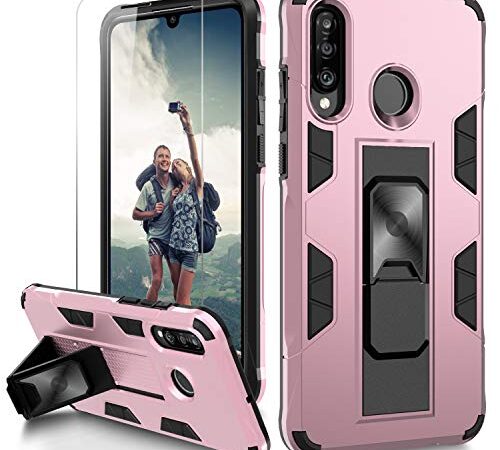 Nvollnoe for Huawei P30 Lite Case with Screen Protector Military Grade Dual Layer Heavy Duty Shockproof Cover with Built-in Kickstand Magnetic Slim Phone Case for Huawei P30 Lite(Rose Gold)