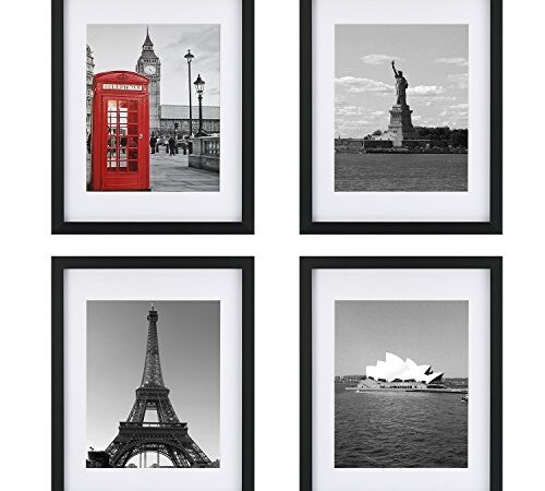 ONE WALL Tempered Glass 11x14 Picture Frame Set of 4 with Mats for 8x10, 5x7 Photo, Black Wood Frame for Wall and Tabletop - Mounting Material Included