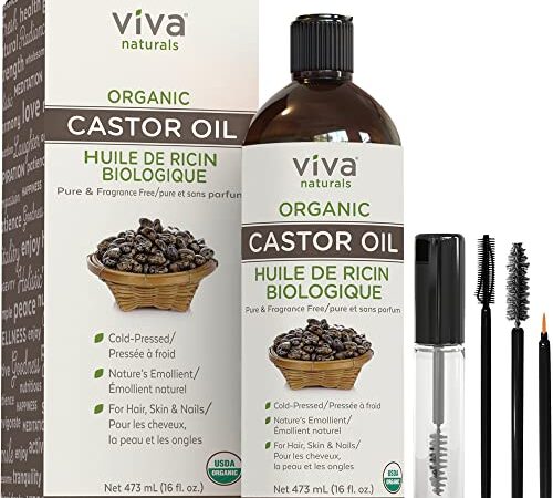 Organic Castor Oil for Eyelashes & Hair (16 oz) - Pure Eyebrow & Eyelash Serum, Natural Skin Moisturizer and Hair Oil Treatment with Eyebrow and Lash Kit