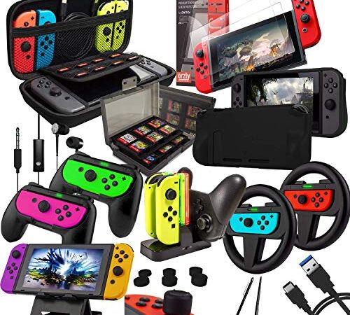 Orzly Accessory Bundle Kit Designed for Nintendo Switch Accessories Geeks and OLED Console Users Case and Screen Protector, Joycon Grips and Wheels for Enhanced Games Play and More - Jet Black