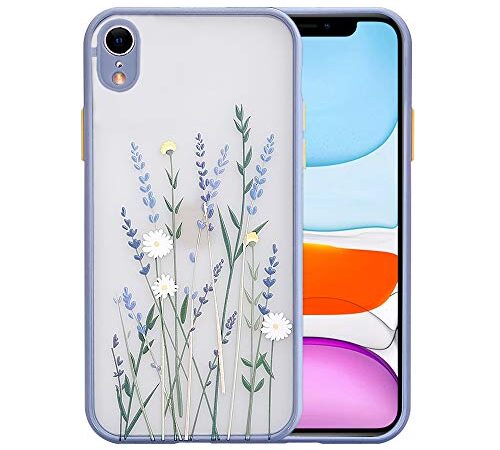 Ownest Compatible with iPhone XR Case for Clear Frosted PC Back 3D Floral Girls Woman and Soft TPU Bumper Protective Silicone Slim Shockproof Case for iPhone XR-Purple Lavender