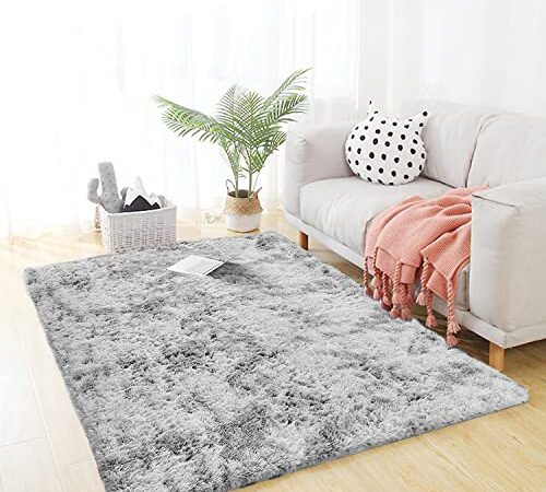 Plush Fluffy Area Rugs for Living Room Ultra Soft Shaggy Bedside Tie-Dyed Carpet for Bedroom, Cute Non-Skid Indoor Faux Fur Rugs for Kids Room Nursery Mats 3' x 5'Grey