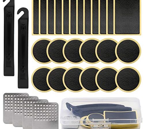 SAVITA 30Pcs Bike Tire Patch Repair Kit, Bicycle Motorcycle Tire Glueless Self-Adhesive Patches with Metal Rasps, Portable Storage Box for Road Mountain and Commuter Bikes