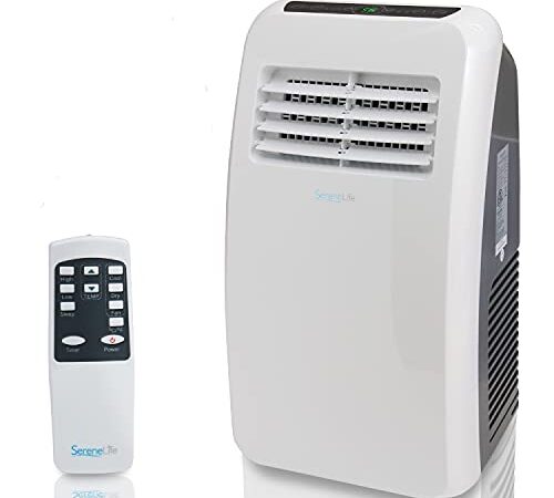 SereneLife Portable Electric Air Conditioner Unit-900W 8000 BTU Power Plug-in AC Cold Indoor Room Conditioning System with Cooler, Dehumidifier, Fan, Exhaust Hose, Window Seal, Wheels, Remote (SLPAC8)