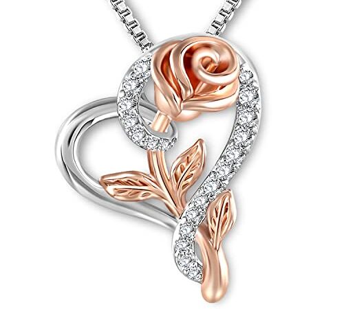 SNZM Necklace for Women, Love Heart Rose Flower Necklace, Silver Rose Pendant Necklace Birthday Mothers Day Jewelry Gifts for Women Mom Wife Her with Jewelry Box