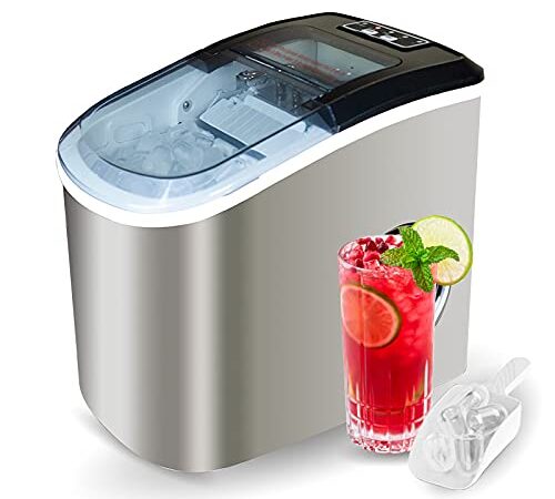 Stainless Steel Portable Compact Ice Maker Countertop with Panoramic Viewing Window, Ice Cube Machine, Bullet Cubes in S/L Size 26 lb/24H for Home Office Party, Boat RV