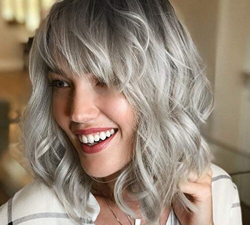 Wavy Bob Wig with Bangs Natural Ombre Silver Wig Synthetic Hair Shoulder Length Short Curly Wigs for Women