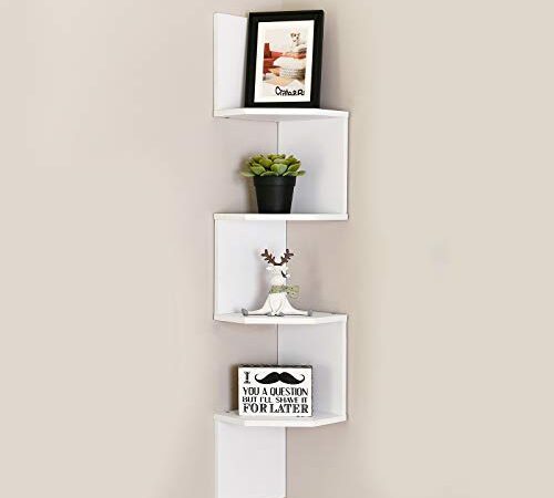 WELLAND Zig - Zag Floating Corner Shelves, 4-Tier Wall Mounted Storage Shelf with White Finish for Bedroom, Living Room, Bathroom, Display Shelf for Small Plant, Photo Frame, Toys and More
