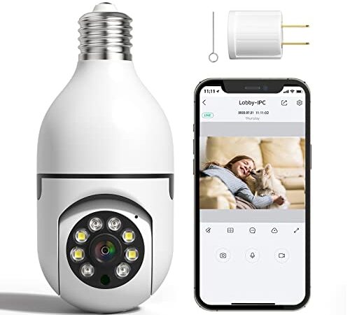 Wireless WiFi Light Bulb Camera, 360°Panoramic Surveillance Cam, 2.4GHz WiFi Smart 1080P Outdoor Security Camera with Motion Detection Alarm Night Vision Two-Way-Talk Phone Remote View Indoor E27