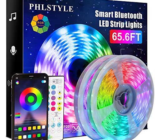 65.6ft/20m LED Lights, PHLSTYLE LED Lights Strip for Bedroom Music Sync, App Controlled Bluetooth RGB LED Light Strips, with Remote 16 Million Color Changing LED Strip Lights, Sensitive Built-in Mic