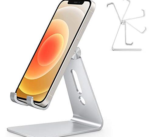 Adjustable Cell Phone Stand, OMOTON C2 Aluminum Desktop Phone Holder Dock Compatible with iPhone 13 Pro Max/ 13 Pro/ 13/ 13 Mini and Other Smart Phones, Silver