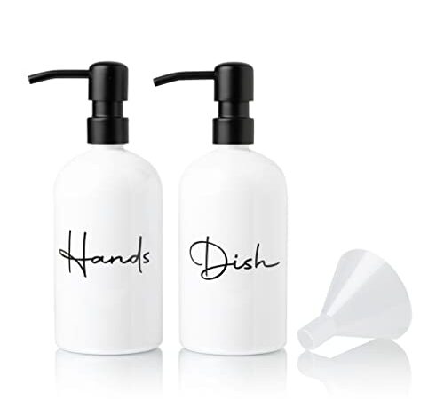 Alora Hand Soap Dispenser and Liquid Dish Soap Dispenser for Kitchen Sink - Set of 2 - Black Metal Pumps - Reusable Plastic Bottle with Easy to Read Lettering - Countertop Replacement Refill