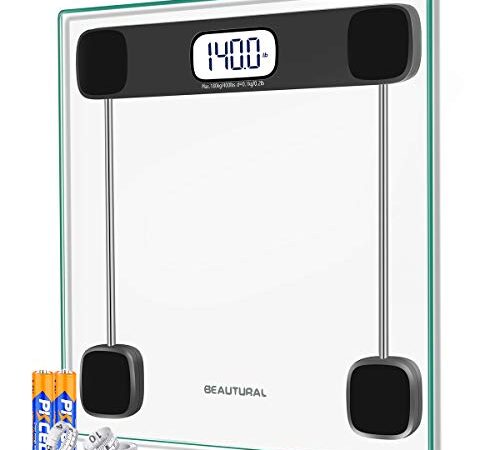 BEAUTURAL Digital Body Weight Scales, Precision Bathroom Scales for Weighing with Backlit LCD, Tempered Glass, Accurate Machine, Auto Calibration, 180 kg / 400 lb, Body Tape