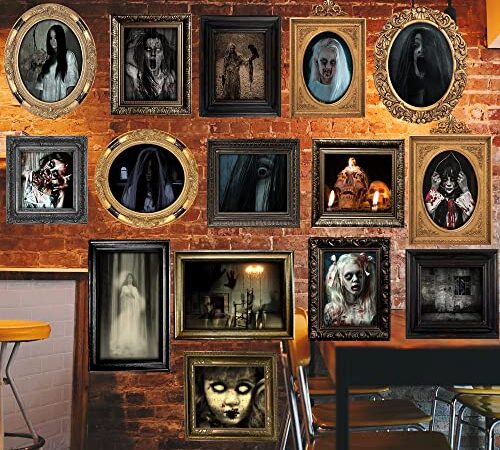 Benjia 15 Halloween Gothic Mansion Haunted Horror Picture Frames, Waterproof Durable,with 100pcs Self Adhesive Dots，creepy Photo Decorations For Haunted Home Family Castle Masquerade Party