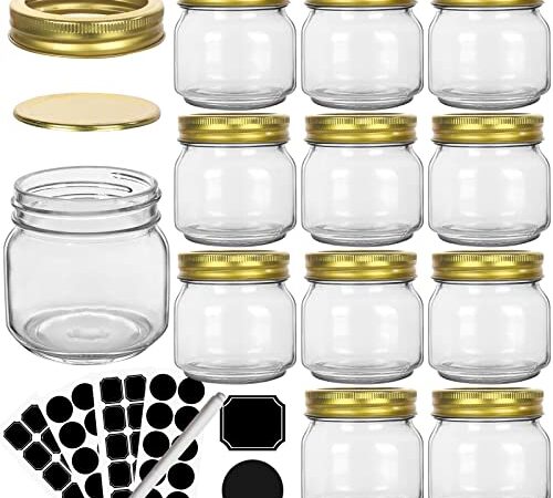 BIGIVACA 12 Pack 8 oz Regular Mouth Glass Mason Jars with Golden lids, Round Canning Jars for Jam & Jelly, Honey,Decor,Herb, Wedding Favors.Include 1 Pen and 40 Chalk Labels.