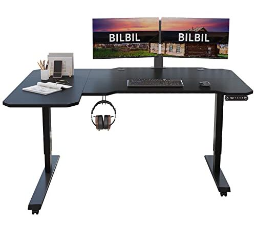 BilBil L-Shaped Electric Height Adjustable Standing Desk 59 Inches, Stand Up Rising Table for Home Office with Splice Board, Black Frame and Top