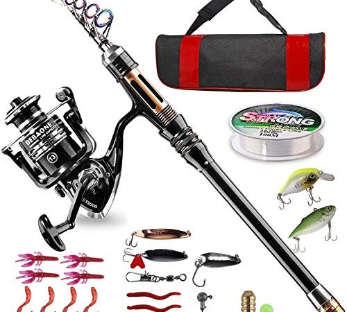 BlueFire Fishing Rod Kit, Carbon Fiber Telescopic Fishing Pole and Reel Combo with Spinning Reel, Line, Lure, Hooks and Carrier Bag, Fishing Gear Set for Beginner Adults Saltwater Freshwater(2.1M)