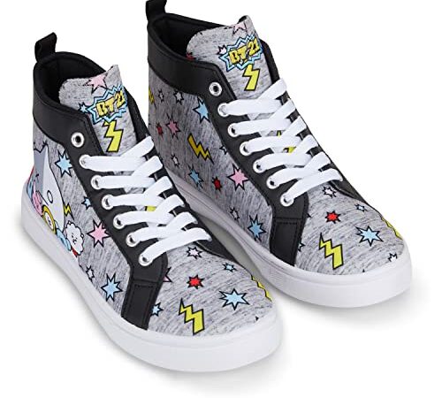 BT21 Line Friends Ladies Sneakers - Officially Licensed Lace Up Sneakers - Tata, Van, Chimmy, Cooky, Shooky and RJ, Grey, 5