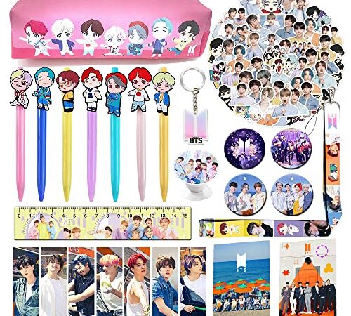 BTS School Supplies Gift Set, Including Notebook Pencil Case Pens Stickers Button Pins Lanyard Keychain Ruler Bookmarks Phone Ring Holder