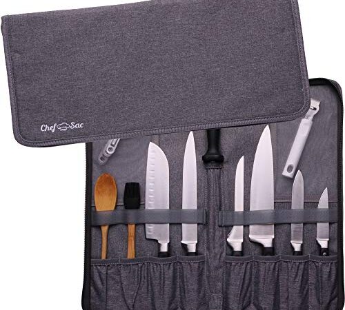 Chef Knife Bag Extended Folder Case Bag | 6 Pockets for Knives & Kitchen Utensils | Honing Rod Pocket & Mesh Pocket | Durable Knife Case for Chefs & Culinary Students (Dark Grey)