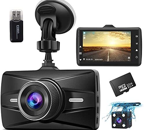 Dash Cam Front and Rear 1080P FHD with 32G SD Card Included Car Dual Lens Dashboard Camera F1.8 Night Vision 3 Inch IPS Screen 170° Wide Angle G-Sensor WDR Aluminum Alloy Dashcams for Car