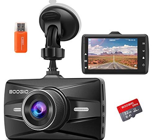 Dash Cam Front with 32G SD Card, BOOGIIO 1080P FHD Car Driving Recorder 3'' IPS Screen 170°Wide Angle Dashboard Camera Aluminum Alloy Case, WDR G-Sensor Parking Monitor Loop Recording Motion Detection