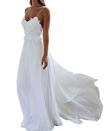 Datangep Women's Bridal Gown Spaghetti Straps Backless A-line Chiffon Beach Wedding Dress White US2